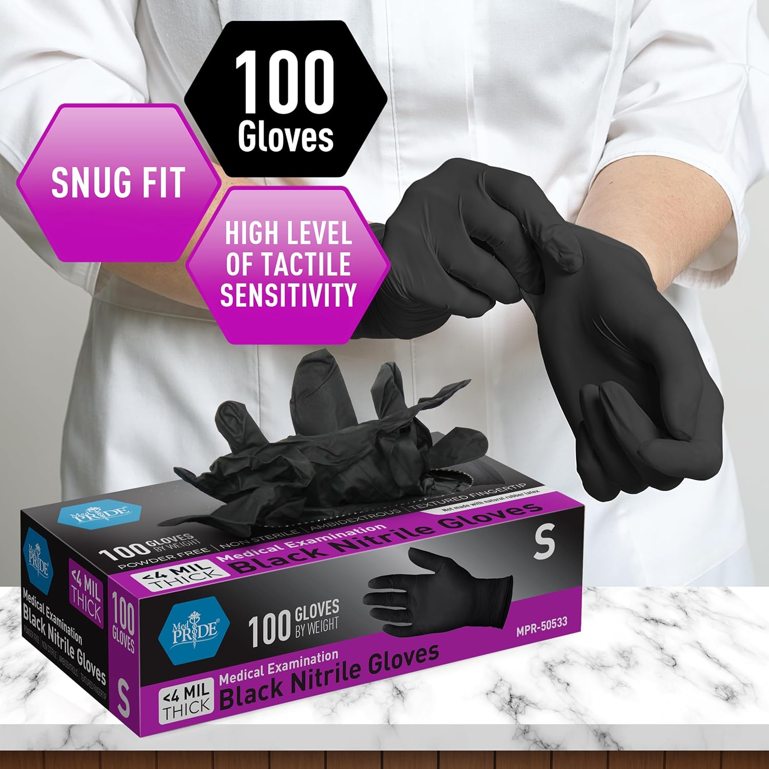 MED PRIDE Black Nitrile Gloves 5 Mil Non-Latex 100 Count