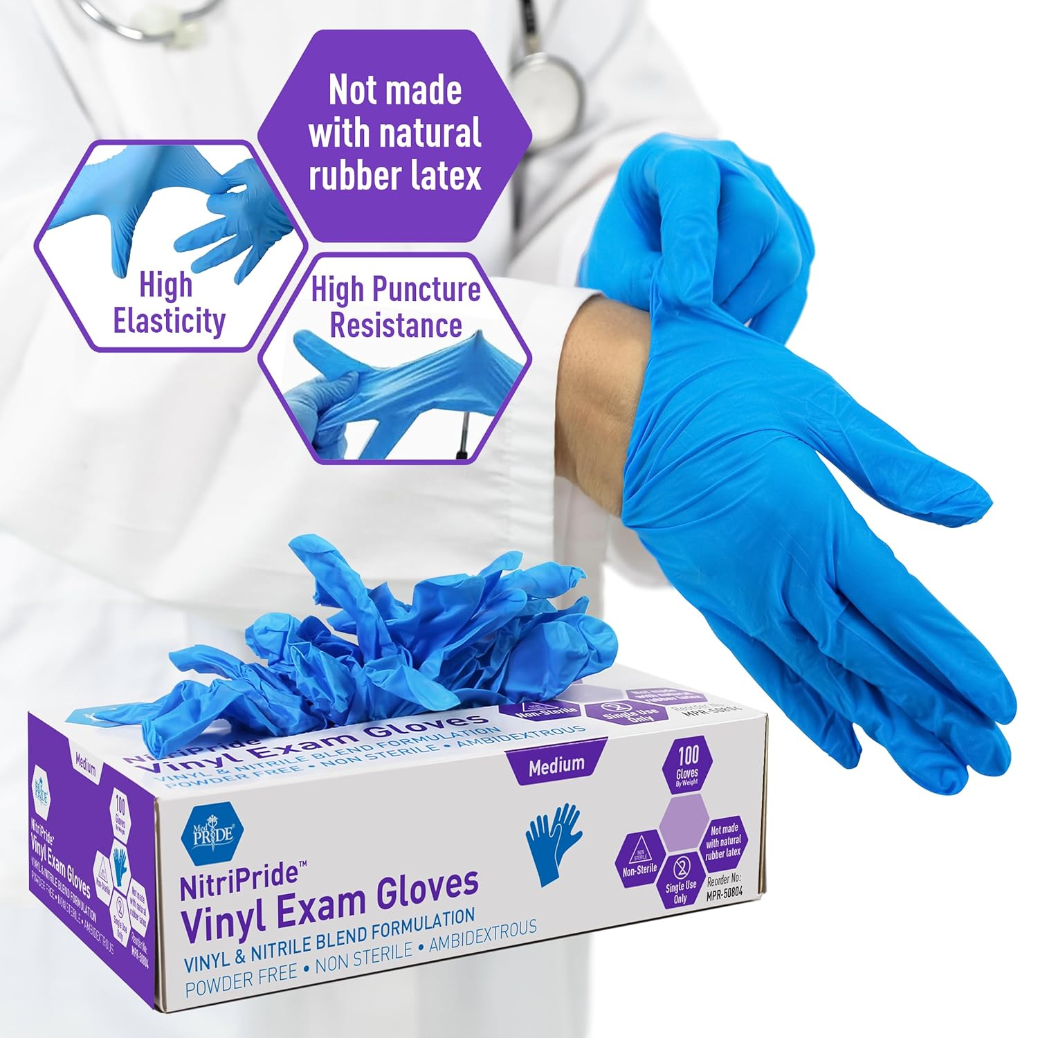 MED PRIDE Nitrile-Vinyl Blend Exam Gloves Medium 100 Pack