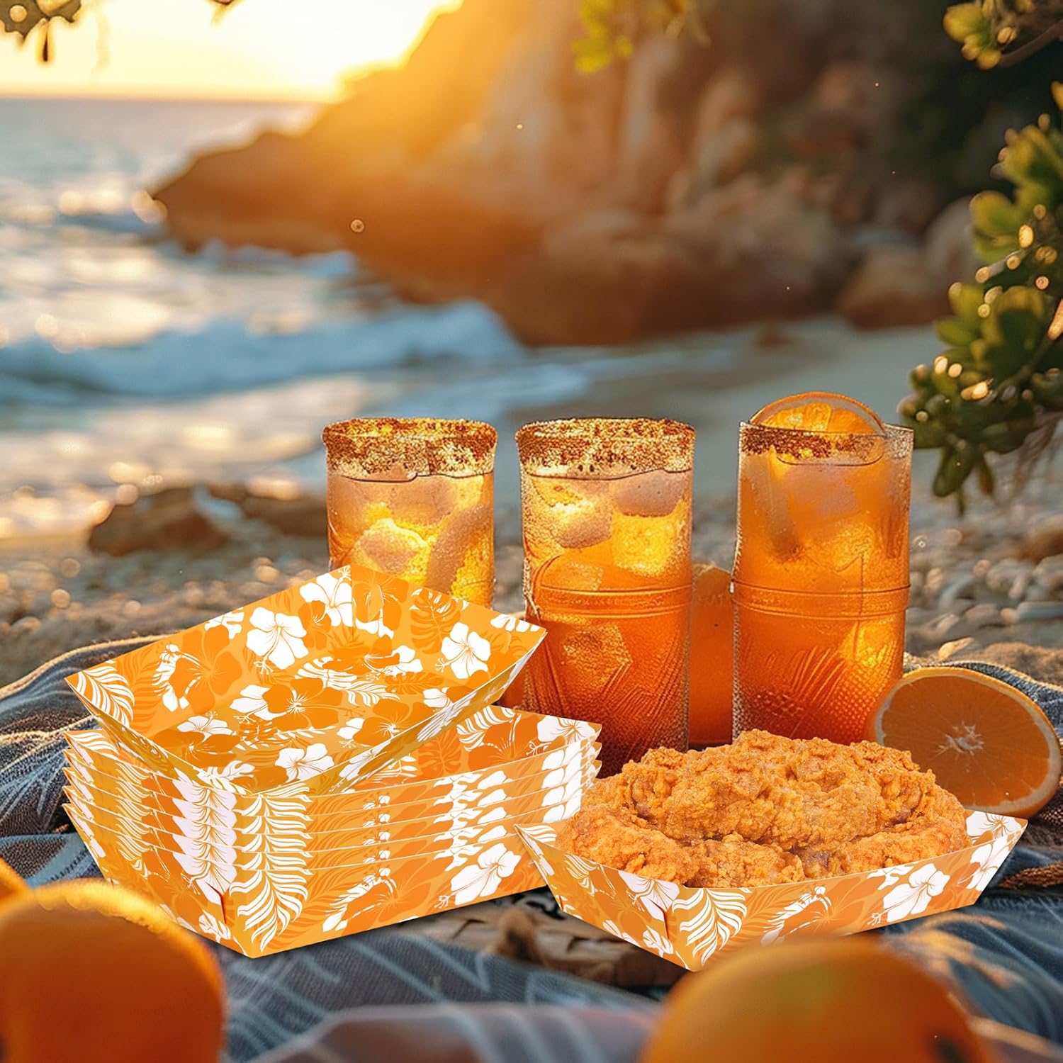 50pcs Hibiscus Luau Party Food Trays - Aloha Themed Disposable Serving Supplies