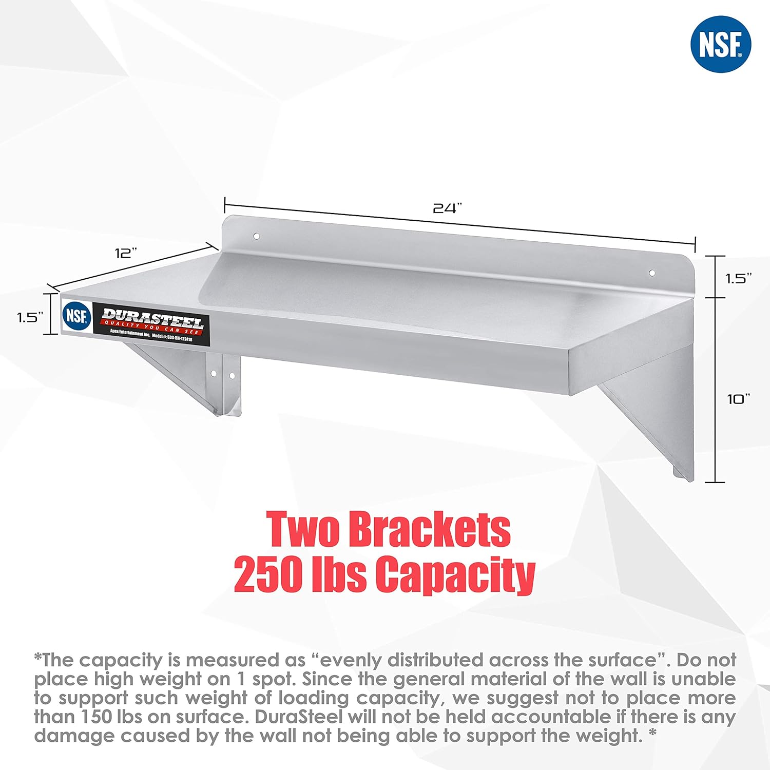 DuraSteel Stainless Steel Wall Shelf 24x12 Commercial Grade