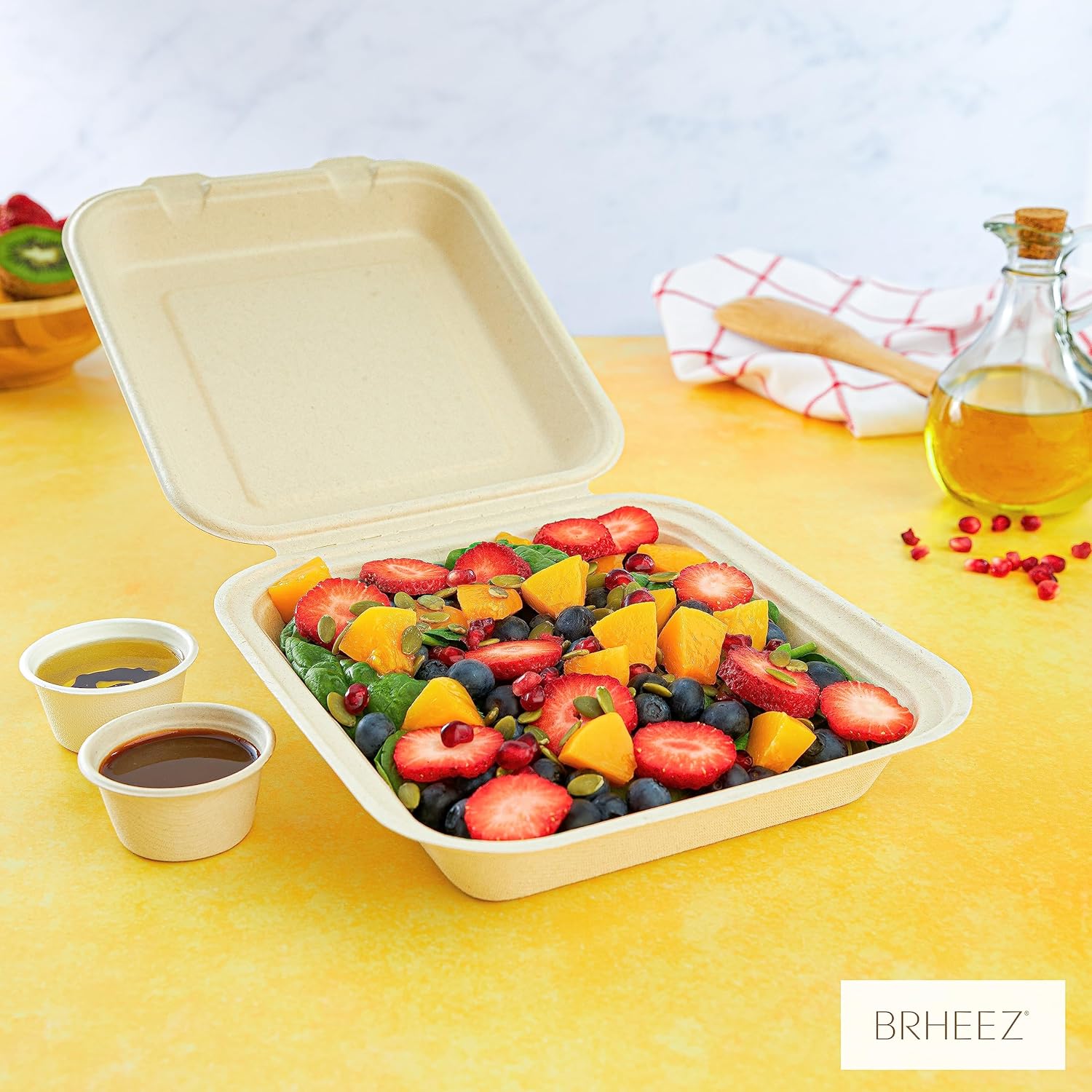 Brheez Disposable Clamshell Containers Biodegradable 8x8 1 Compartment Pack of 50