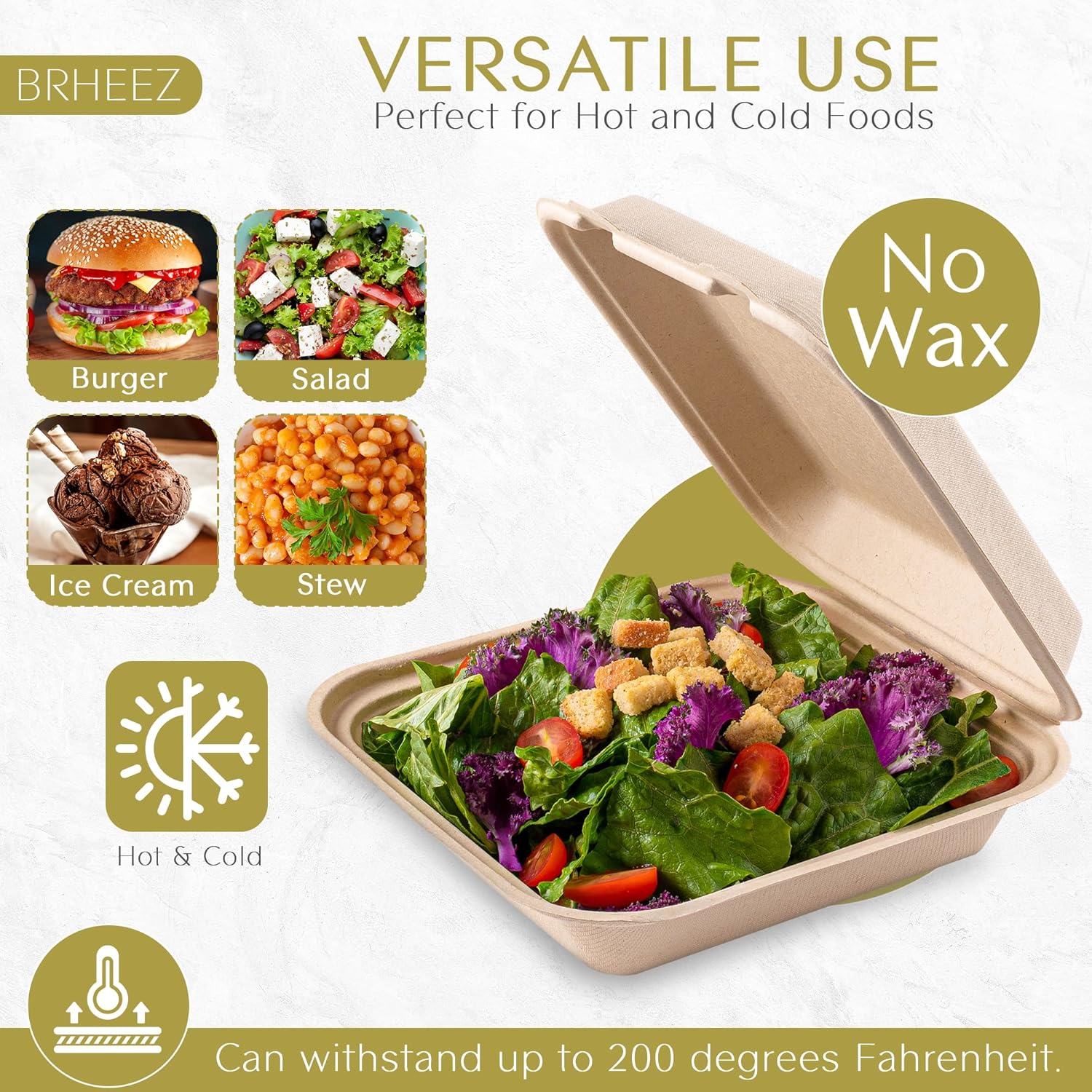 Brheez Disposable Clamshell Containers Biodegradable 8x8 1 Compartment Pack of 50